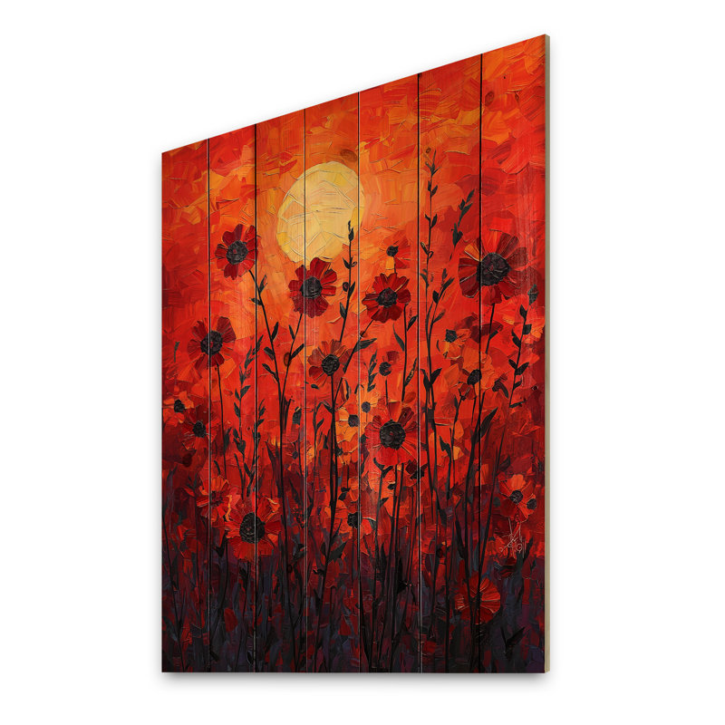 Red Sunset Wildflowers Glory II - décoration murale en bois Wildflowers - sur bois de pin naturel