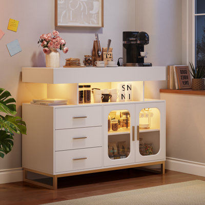 Buffet 40 po à DEL avec station de charge, buffet ultrabrillant avec capteur de mouvement RVB, armoire de rangement à 3 tiroirs pour la salle à manger, le salon et le bar