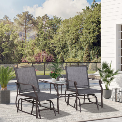 Outsunny Outdoor Glider Chairs With Coffee Table, Patio 2-Seat Rocking Chair Swing Loveseat With Breathable Sling For Backyard, Garden And Porch, Grey