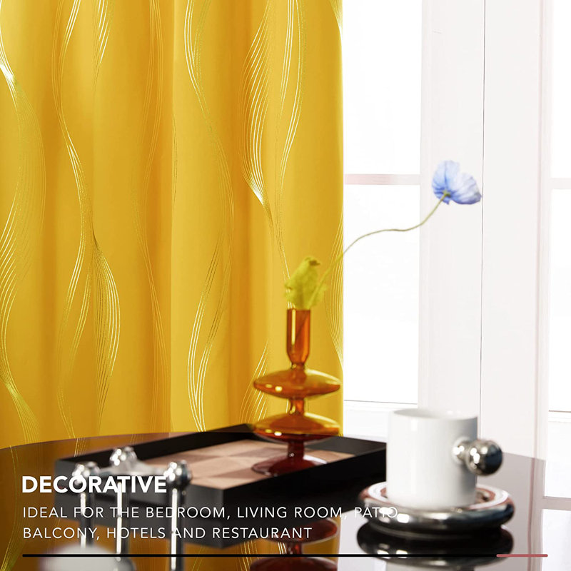 Spurgh Sliver Wave Foil Print Blackout Thermal Grommet Curtain Panels (Set of 2), 52" W x 54" L, Mellow Yellow