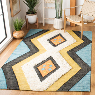 Tapis bleu / orange tissé à la main en laine / coton Wynward