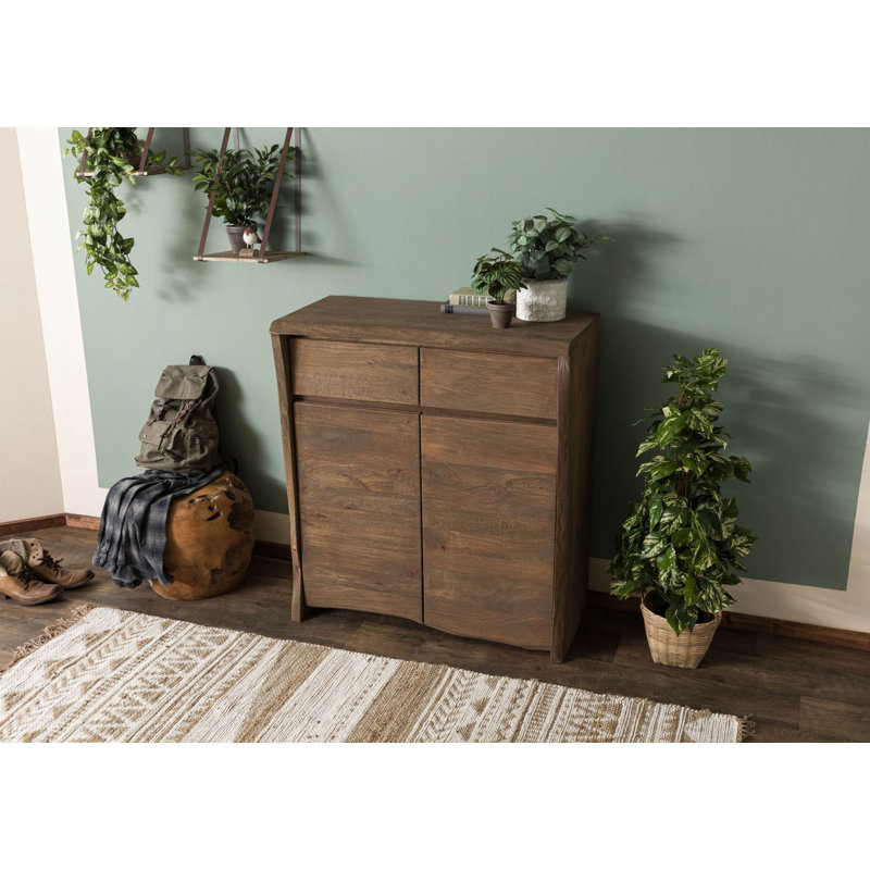 PURE MANGO 100cm Wide 2 Drawer Solid Wood Highboard, Brown/Sandblasted