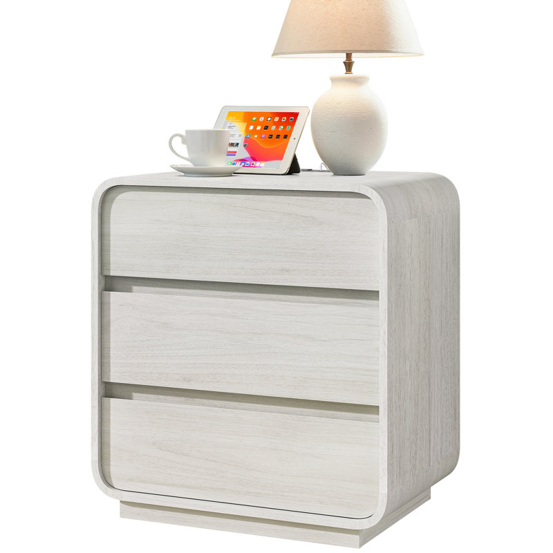 Table de chevet haute 25 po avec station de charge et 3 tiroirs, table d'appoint incurvée, ensemble de 2 tables de bout en bois blanc