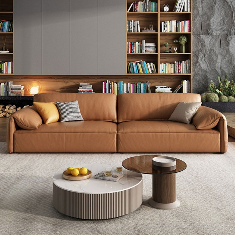 Canapé modulaire orange en cuir véritable, 31,5 po H x 98,43 po L x 41,34 po P, 3, Orange