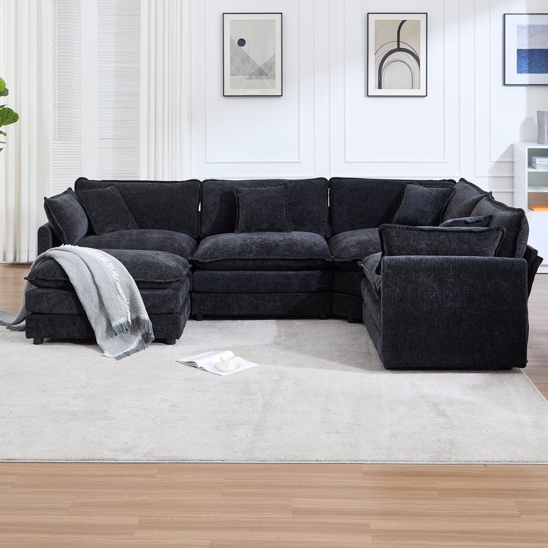 113" Modular Cloud Sectional Sofa With Ottoman For Living Room, Black
