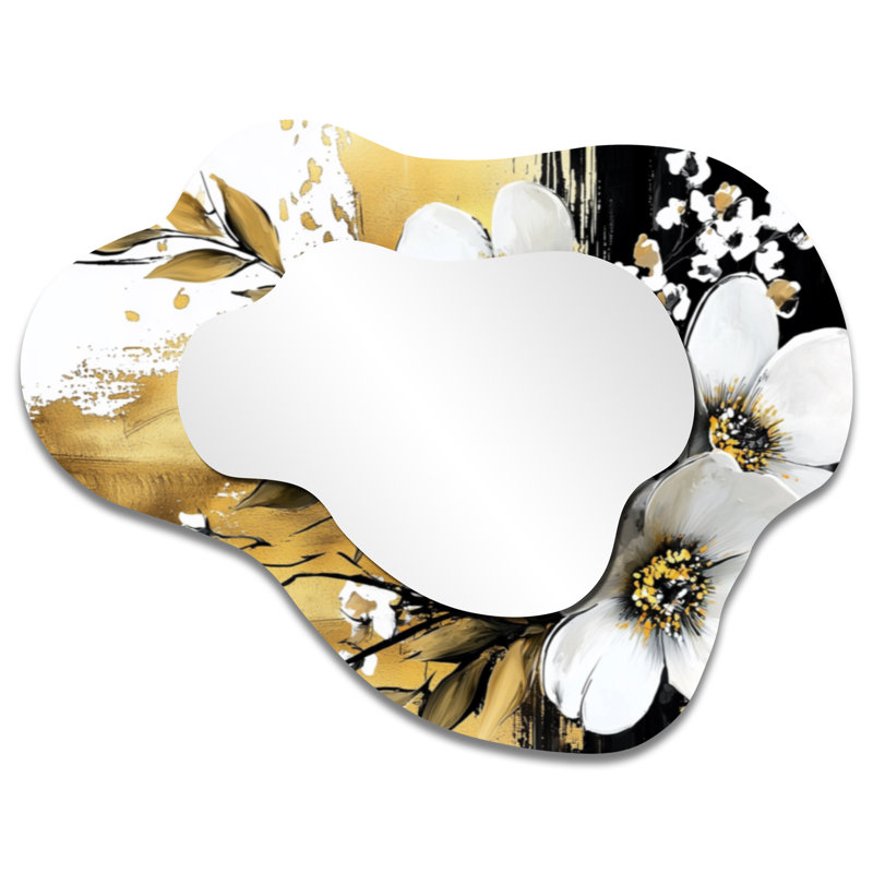 Pétunias dorés sur marbre foncé - miroir décoratif asymétrique Petunias, miroir mural irrégulier traditionnel, imprimé sur métal