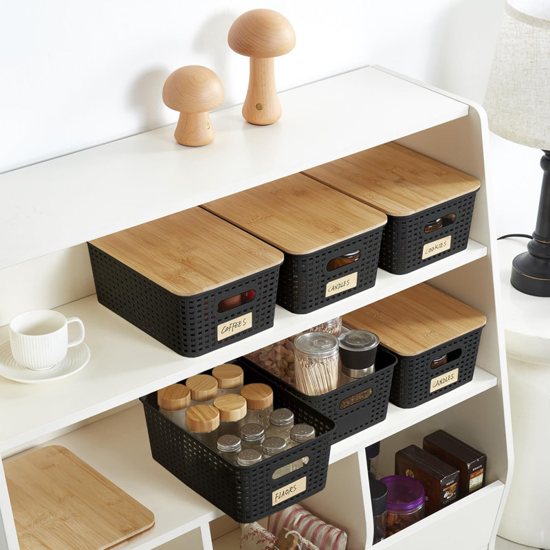 Set of 6 Stackable 5.2QT Plastic Storage Containers With Bamboo Lids & Label Holder, 10×7.2×4.1 Inch Multipurpose Organizer Bins for Pantry Closet Desk Office