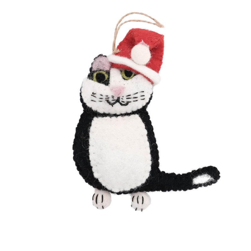 Ornement en feutre fait à la main pour chat tigré noir et blanc