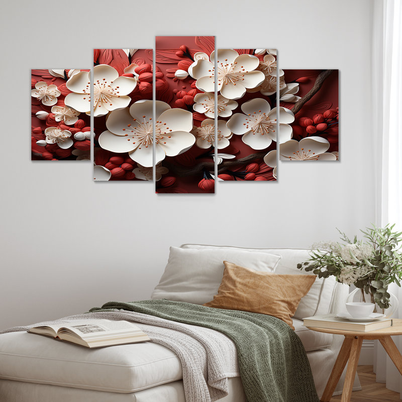  «White and Red Orchid Flower Branches IV - Abstract Floral Multipanel Wall Art Decor Set