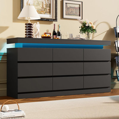 63" Wide 9-Drawer Bedroom Dresser, Multi-Purpose Storage Chest with LED Lighting and Built-In Charging Hub, Functional Storage Cabinet for Living Spaces, Entryways and Hallways, Black