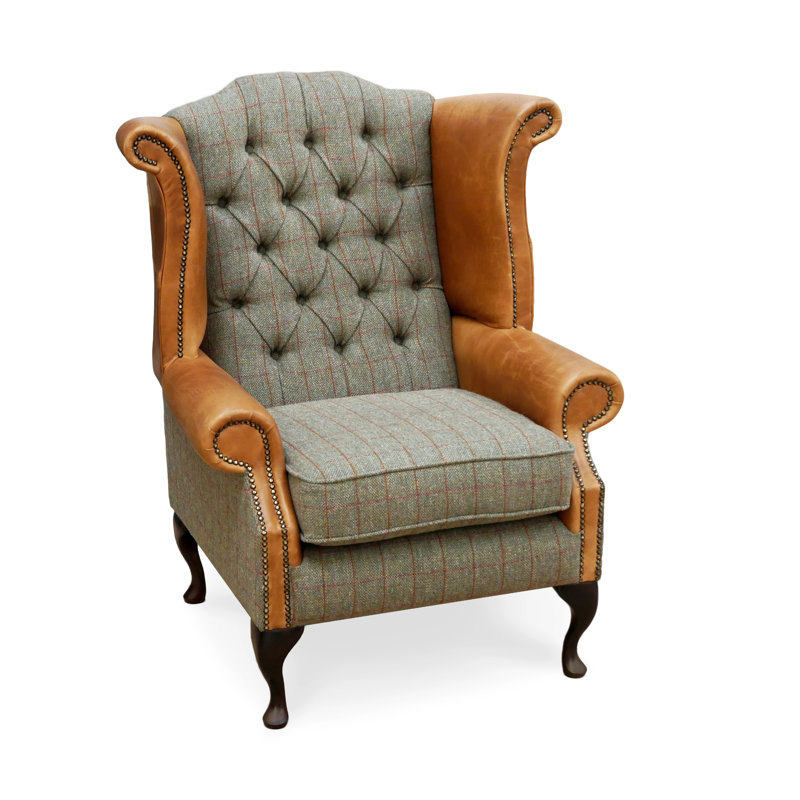 Harrisonville Upholstered Wingback Chair with Footstool, Green/Brown