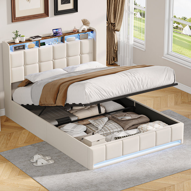 Upholstered Ottoman Storage Bed, Beige, European Double (140 x 200 cm)