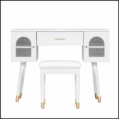 Elegant Vanity Makeup Table & Chair Set, Modern Dressing Table With Organizer, Writing Desk, And Charging Port