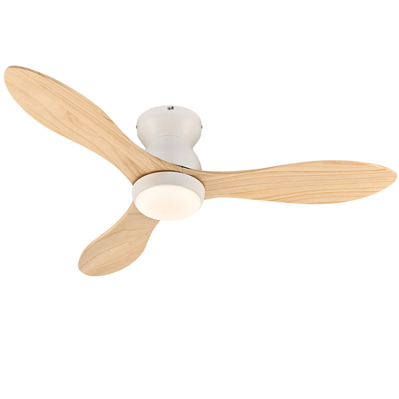 42" 3 - Blade Flush Mount Modern Farmhouse Small Room Led Ceiling Fan With Light And Remote, Light Yellow Wood, White