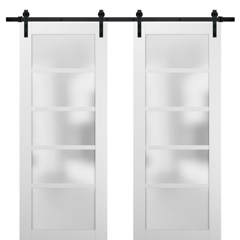 Portes coulissantes doubles de style grange avec quincaillerie Quadro 4002 Blanc Soie et verre dépoli, rail de 4 m (13 pi), ensemble robuste, panneau en bois massif, porte intérieure pour cuisine, chambre ou salle de bain - 213 cm x 203 cm (84 po x 80 po) (2 x 107 cm x 42 po) - Verre dépoli - Rail noir