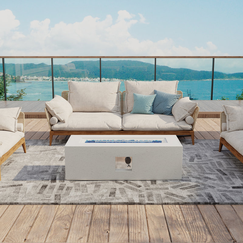 Table de foyer d'extérieur rectangulaire blanc cassé 42 pouces avec housse de pluie Terrazzo