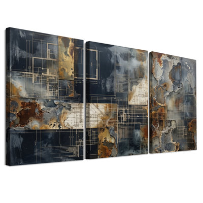 Ensemble de 3 toiles murales reprenant des plans architecturaux tachés de rouille