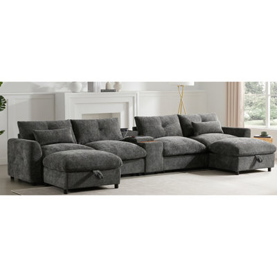 Canapé modulaire modulaire avec repose-pieds et console de rangement mobile, porte-gobelet, siège large, canapé en U de 6 places, canapé en chenille surdimensionné avec chargeur USB pour le salon, appartement