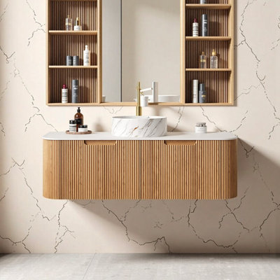 Elegant 48" Wall-Mounted Bathroom Vanity with Stone-Pattern Ceramic Sink & Natural Woodgrain Storage – Curved Edges, Soft-Close Drawers, Pre-Assembled