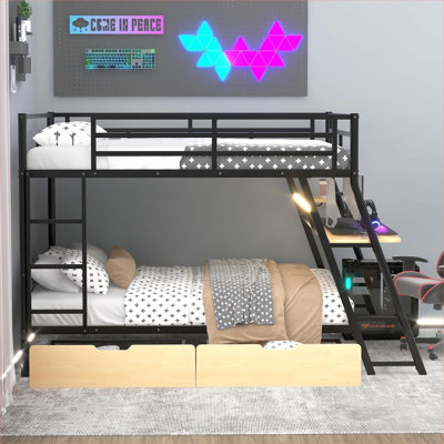 For Small Bedrooms and Shared Spaces: Full Size Black-Toned Metal Wood Platform Bunk Bed with Built-In Desk, Integrated Light and Under-Bed Storage Drawers