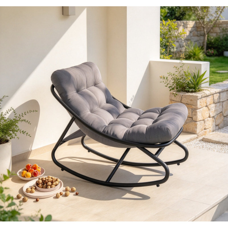Fauteuil à bascule d'extérieur en acier thermolaqué avec coussin capitonné, Gris