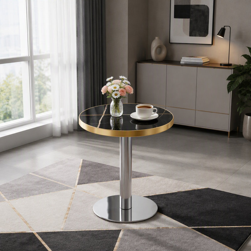 Table d'appoint ronde de 23,6 pouces, panneau de fibres à densité moyenne, texture de marbre peinte UV avec bordure en acier inoxydable, pieds en métal, table basse de luxe moderne