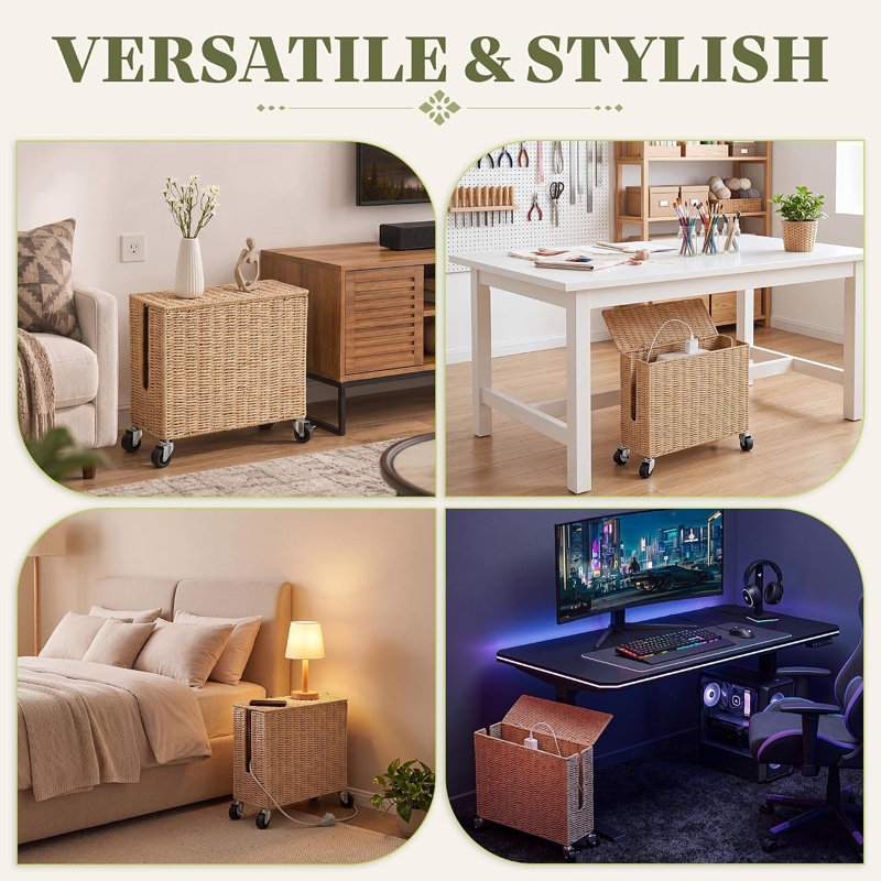 Extra Large Rattan Cable Management Box with Caster Wheels
