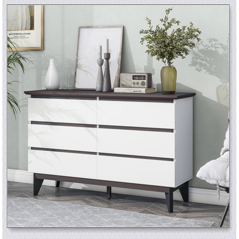 Commode double 6 tiroirs avec tiroirs larges, commode blanche pour chambre à coucher, commode en bois