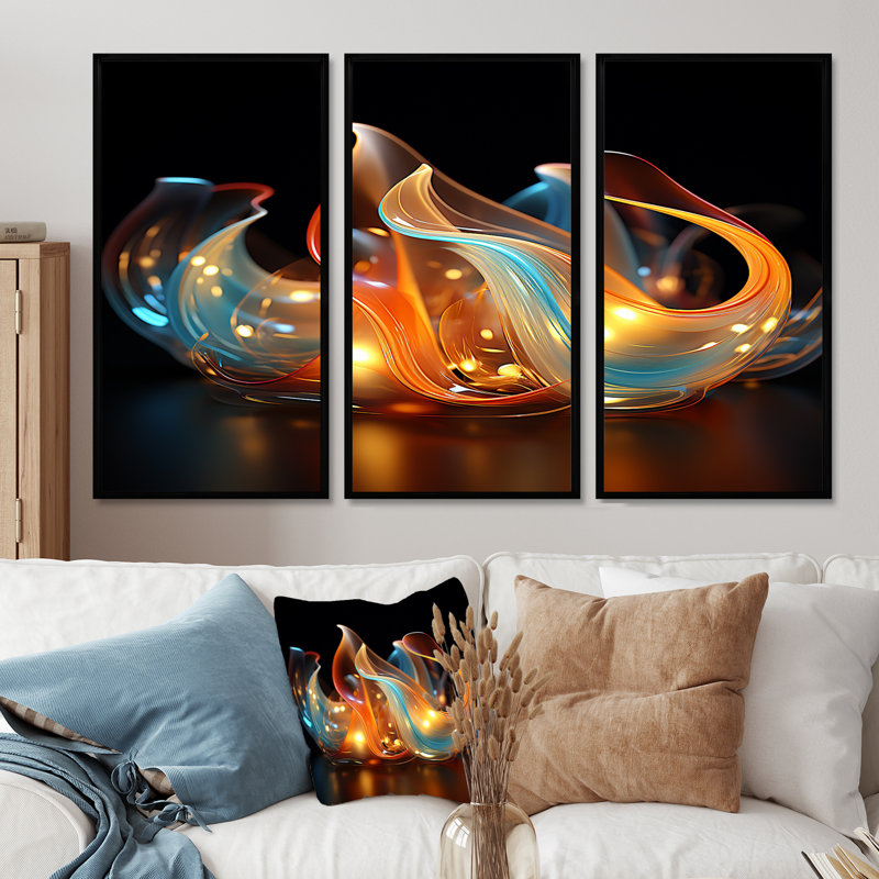 Feu, eau, vagues, bleu et orange - ensemble d'art abstrait mural, Cadre flottant noir, H 32 po x l 48 po x P 1 po