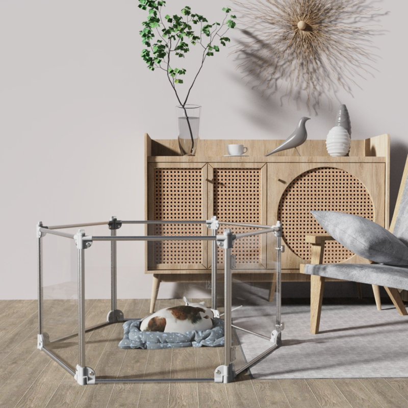 Enclos pour chien transparent, enclos pour animaux transparents, parc à 6 panneaux ajustable, gris