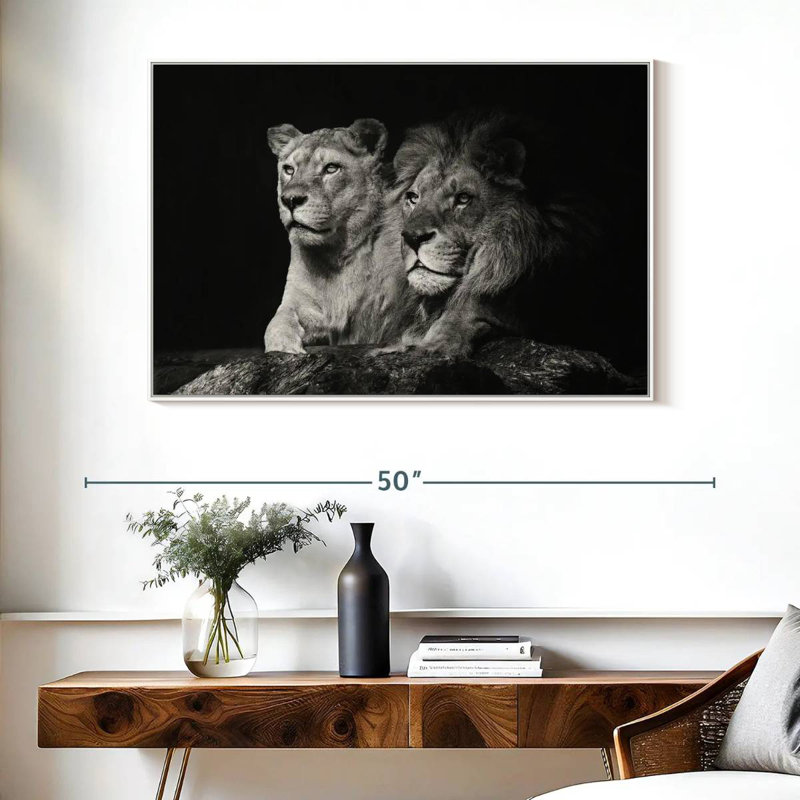 Lion et compagnons de lionne, Cadre flottant blanc, 40 po x 27 po