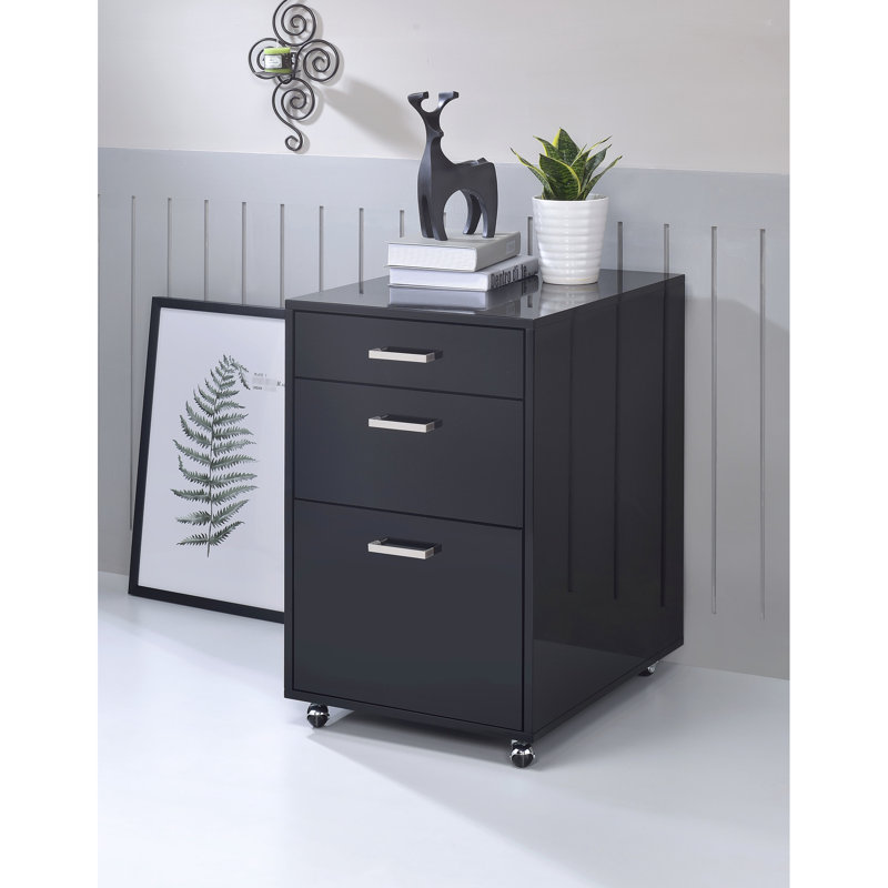 Classeur noir 3 à effets lustrés et brillants - H 18 po x 22 po x 28 po, sans assemblage, 62 lb, roulettes pour mouvement rapide 3 tiroirs, finition, H 18 po x 22 po 28 po, avantage de mobilité