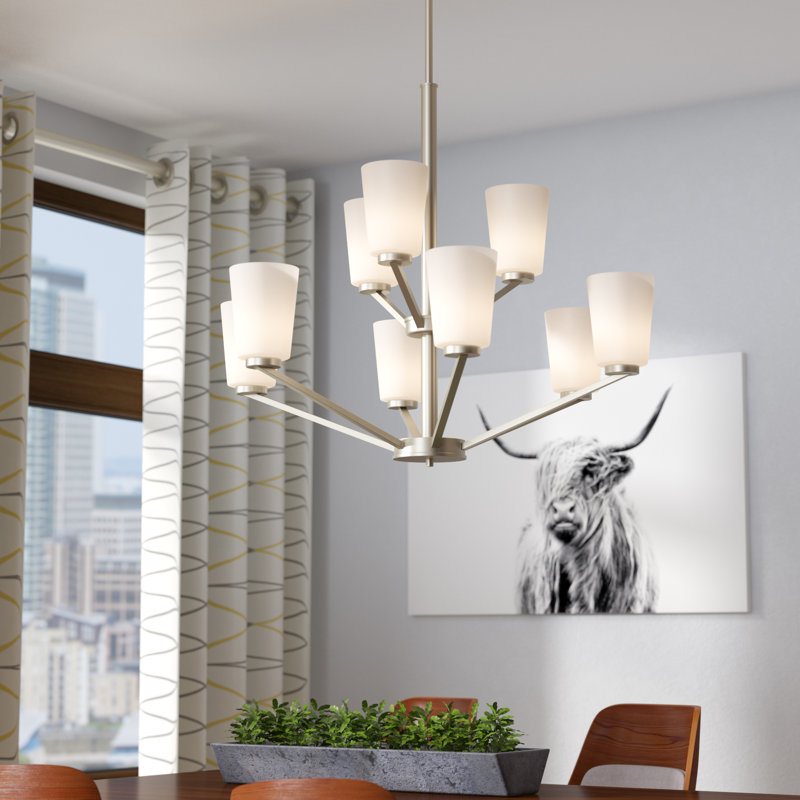 Lustre à niveaux 9 lumières Naccarato, Nickel brossé
