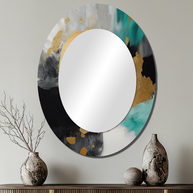 Pleine lune bonheur doré et turquoise abstrait V - miroir décoratif ovale abstrait sur métal, 40 po x 30 po
