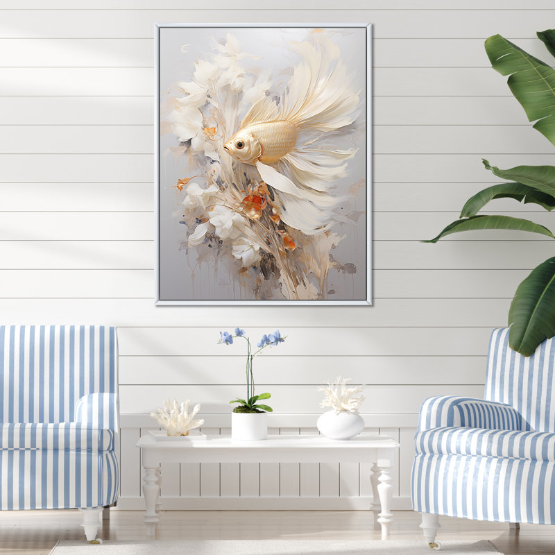 Poisson doré et longues queues sur toile, H 20 po x l 12 po x P 1 po, Cadre flottant blanc