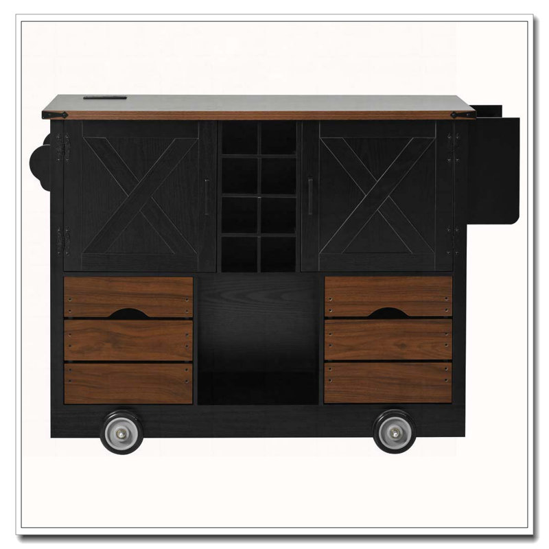 Îlot de cuisine de 54 po avec abattant, prise de courant, chariot de rangement de cuisine avec 2 portes, 2 tiroirs, îlot de cuisine sur 4 grandes roulettes avec support à épices pour la cuisine, la salle à manger