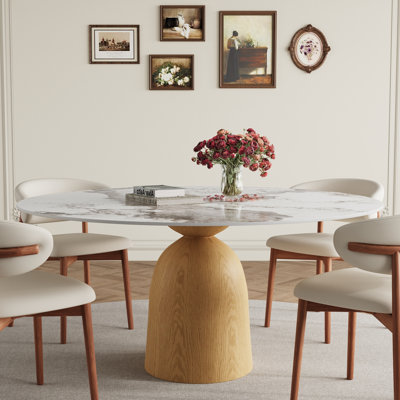 Table de salle à manger ronde moderne avec plateau en pierre frittée durable et base en bois massif robuste pour 2 à 6 personnes
