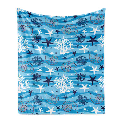 Ambesonne Underwater Fleece Blanket Seashells Marine Sea Blue White
