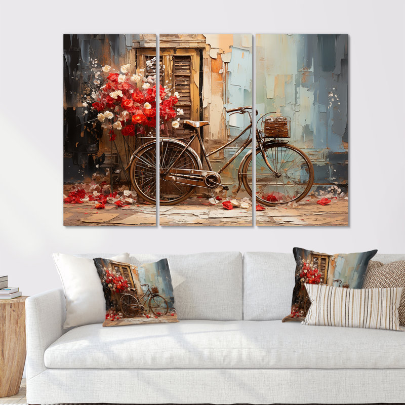 Crimson Ride Red Flowers - Bicycle Canvas Wall Art Set, 32" H x 48" W