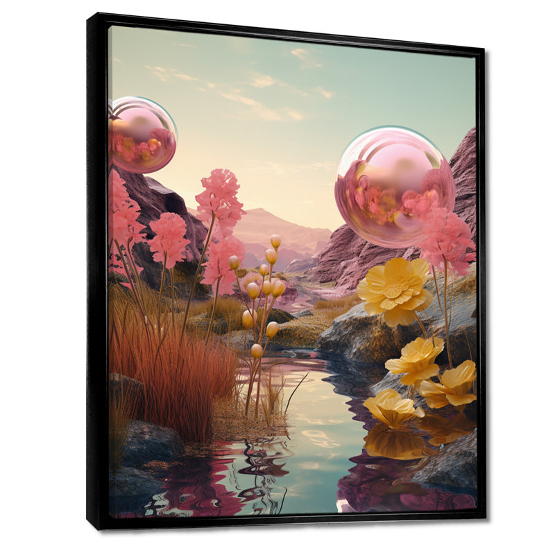 «Pink Magic Bubble Above Dream River», impression d'art mural paysage abstrait, Cadre flottant noir, H 32 po x l 16 po