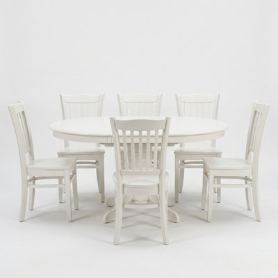 Linen White Solid Wood Oval Table 7 Piece Dining Set with Butterfly Leaf and 6 Wood Seat Chairs Pedestal Base