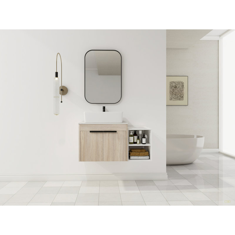 Meuble-lavabo flottant de 36 po au design moderne avec lavabo d'art en céramique, dalle de pierre plate et petites tablettes de rangement, porte à fermeture douce, ensemble KD
