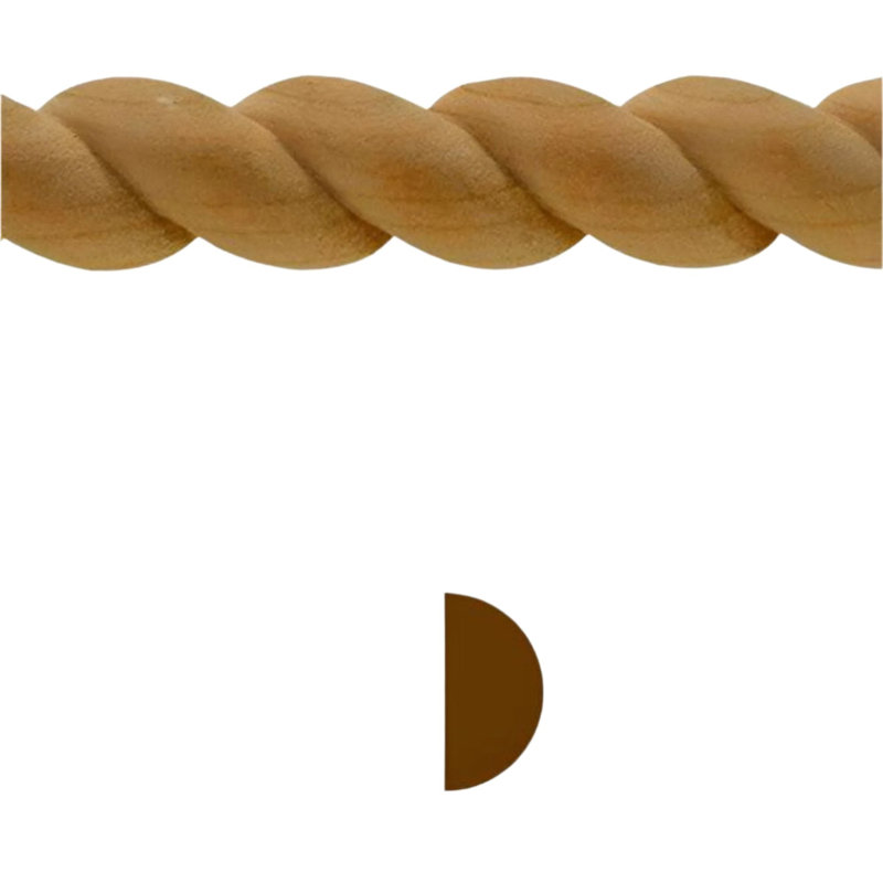 Moulure en corde de 3/4 po de hauteur x 3/8 po de garniture. Sans finition, L 0,375 po x H 0,75 po x P 42 po, Cerisier