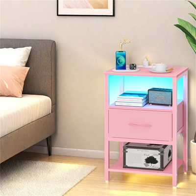 Table de chevet moderne à DEL avec station de charge et tiroir réglable en tissu