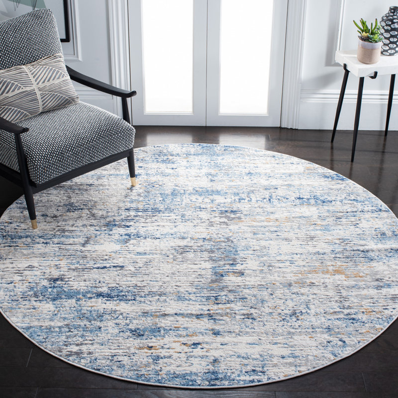 Adalee Abstract Ivory/Blue Area Rug, Round 6'7"