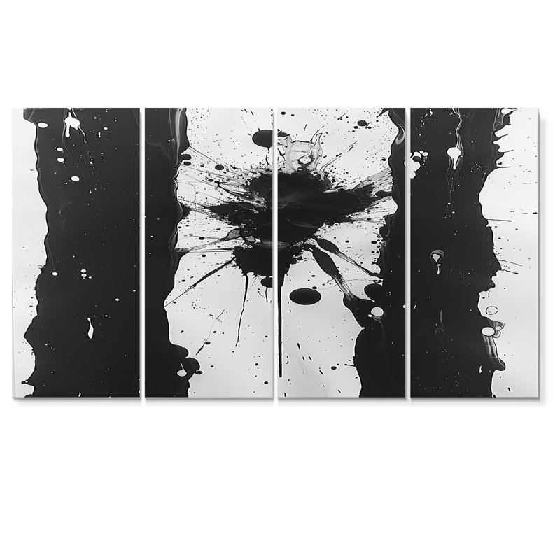 Sudden Chaos - ensemble de 4 décorations murales abstraites noires et blanches à l'encre liquide, H 28 po x l 48 po