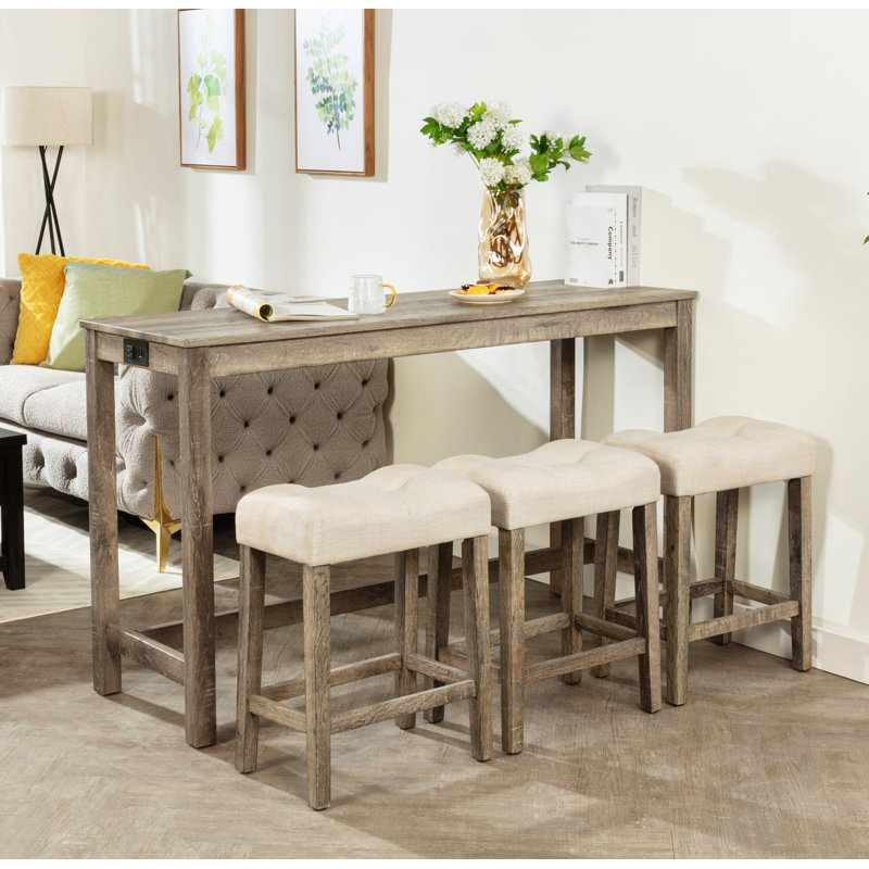 4 Piece Bar Table Set with Power Outlet,Bar Table Set with Chairs,Sofa Bar Table with Stools,Behind Couch Table with 3 Padded Stools,for Living Room,Dining room