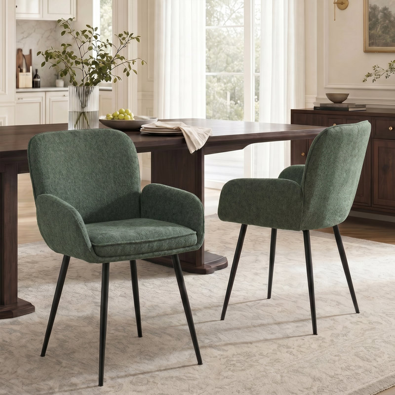 Chaises de salle à manger rembourrées en chenille avec pieds en métal (ensemble de 2), Chenille verte