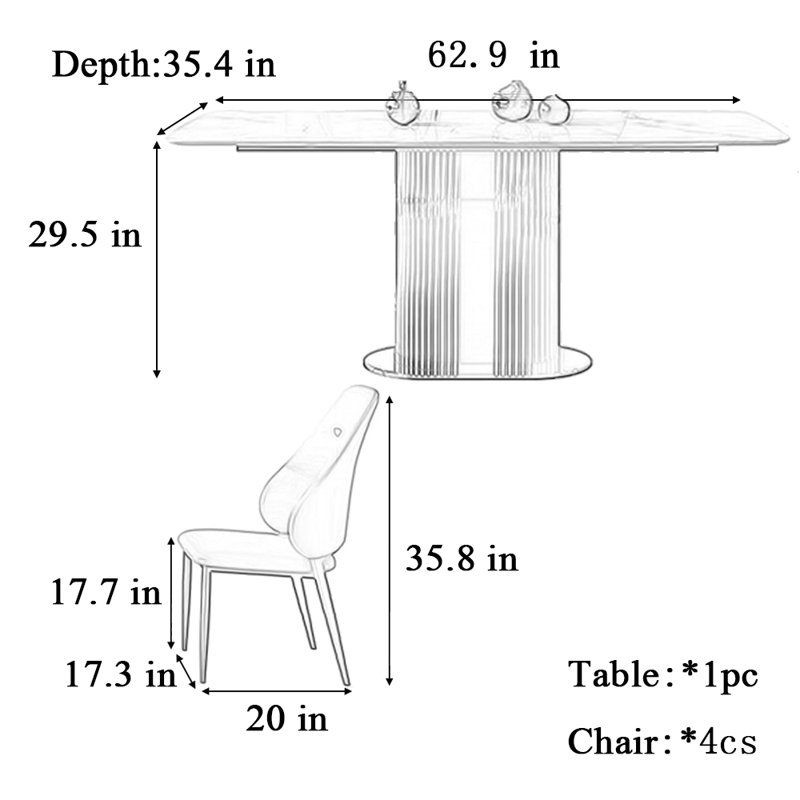 Table de salle à manger rectangulaire haut de gamme et chaise, H 29,5 po x L 62,9 po x l 35,4 po