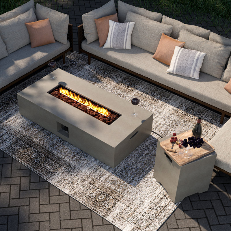 56" Rectangle Concrete Propane Fire Pit Table With Propane Tank Cover, Gray